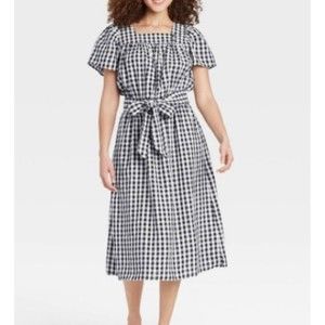 Gingham Black & White Picnic Long Dress W Pockets Linen/Rayon Who What Wear Sz M